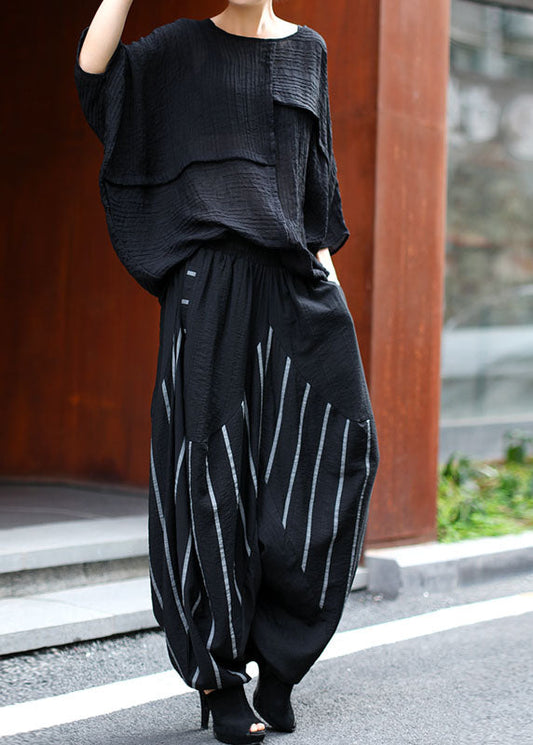 French Black O-neck Bat Wing Sleeve + Striped Patchwork Harem Pants Two Pieces Set Spring