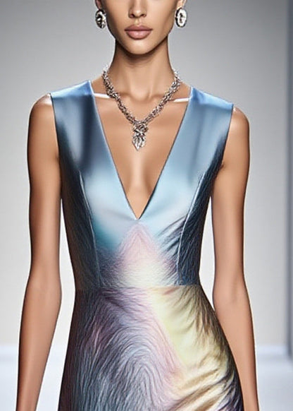 Gradient Blue V Neck Silm Fit Silk Tea Dress Sleeveless