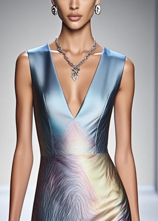 Gradient Blue V Neck Silm Fit Silk Tea Dress Sleeveless