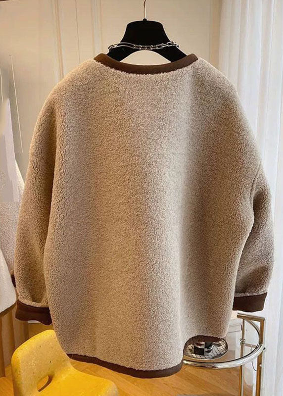 French Khaki O-neck Patchwork Button Faux Fur Coats Winter