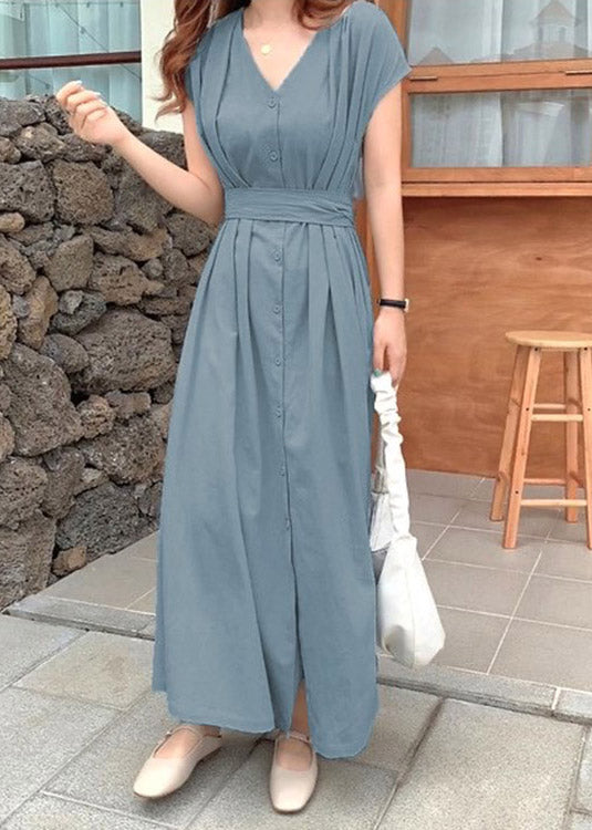 Brief Blue V Neck Tie Waist Button Long Dress Short Sleeve