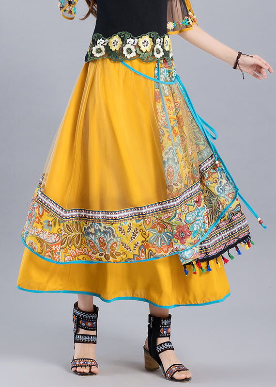 Yellow Print Lace Up Tulle Patchwork Skirt Summer