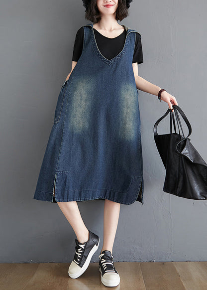 Modern Blue Hoodedpockets Patchwork Denim Waistcoat Long Dress Sleeveless