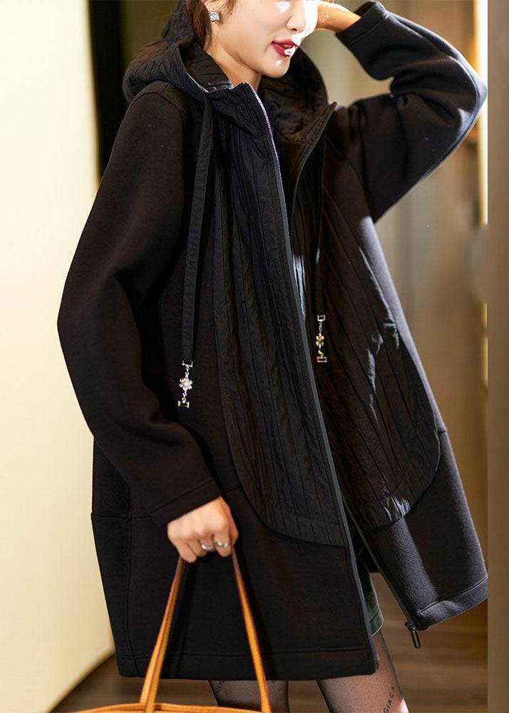 Black Zippered Patchwork Thick Hoodies Coats Fall