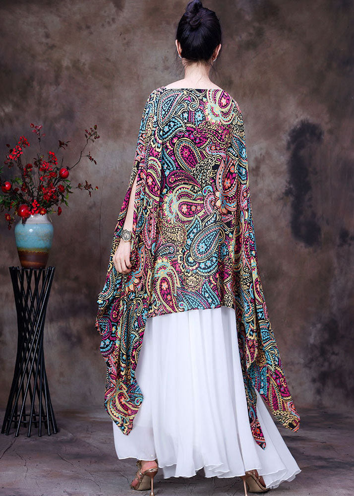Red Print Asymmetrical Design Chiffon Top Batwing Sleeve