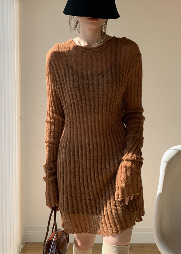 Coffee Loose Knit Sweater Mid Dress O-neck Fall
