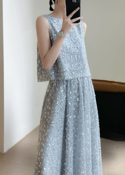 New Grey Lace Up Sequins Tops and Skirts Two Pieces Set Sleeveless