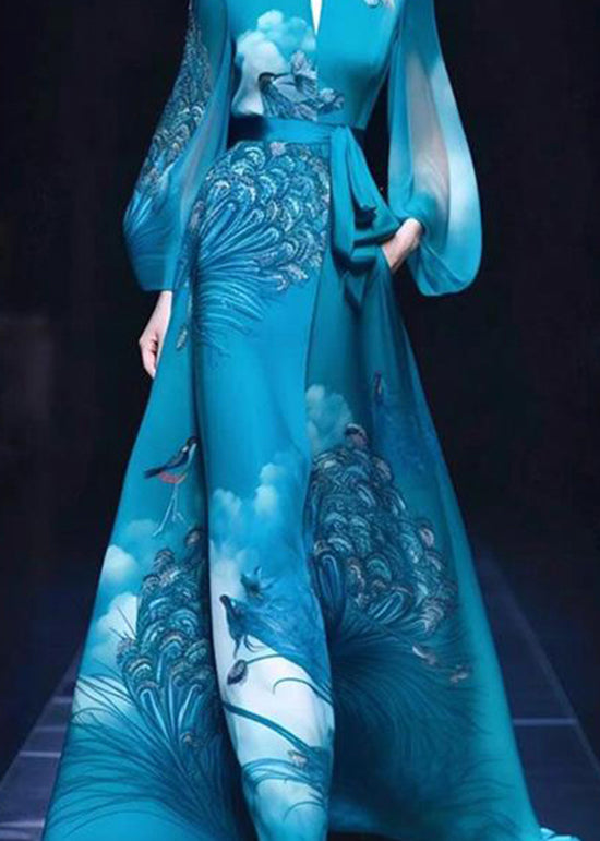Exquisite Blue Stand Collar Printed Tie Waist Silk Dress Autumn