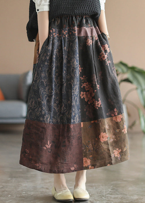 Chocolate Patchwork Linen Skirt Elastic Waist Spring