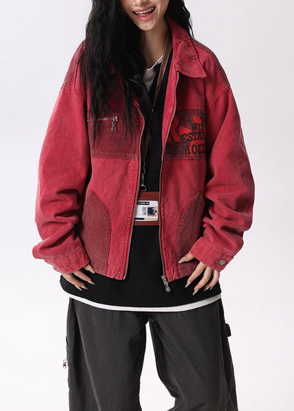 Red Peter Pan Collar Pockets Patchwork Cotton Coats Spring