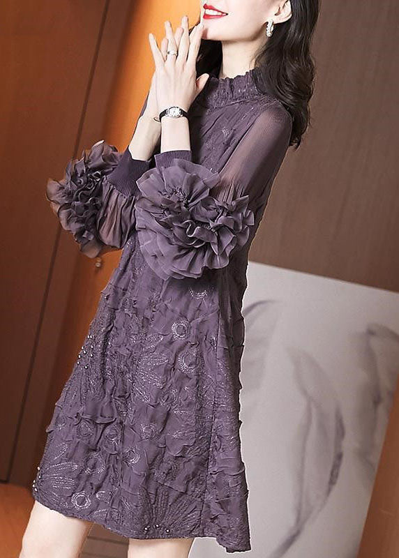 Original Design Purple Stand Collar Embroideried Nail Bead Silk Maxi Dress Long Sleeve