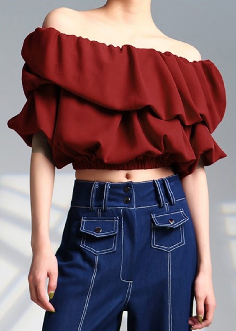 Slim Fit Red Slash Neck Cotton Top Summer