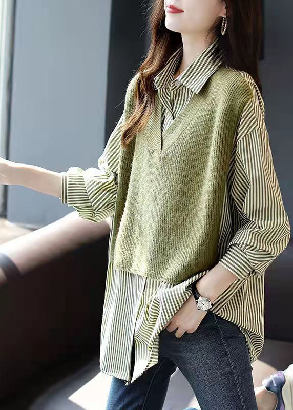 Green Button Peter Pan Collar Knit Patchwork Striped Fake Two Piece Shirt Long Sleeve
