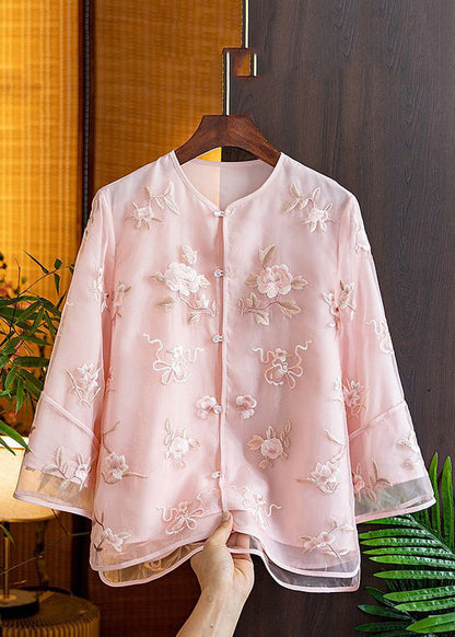 Natural Pink V Neck Embroidered Tulle Shirts Spring