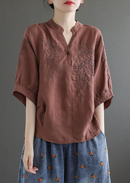 Chocolate V Neck Embroideried Wrinkled Linen Blouse Top Lantern Sleeve