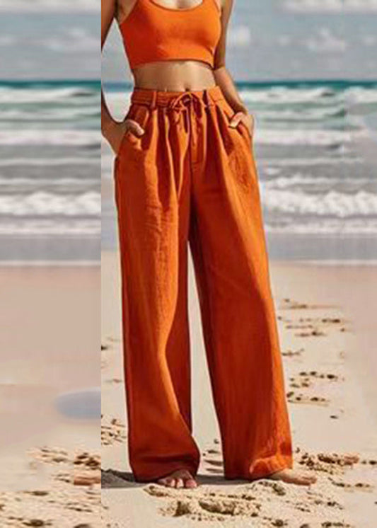 Orange Pockets Tie Waist Wide Leg Pants Summer