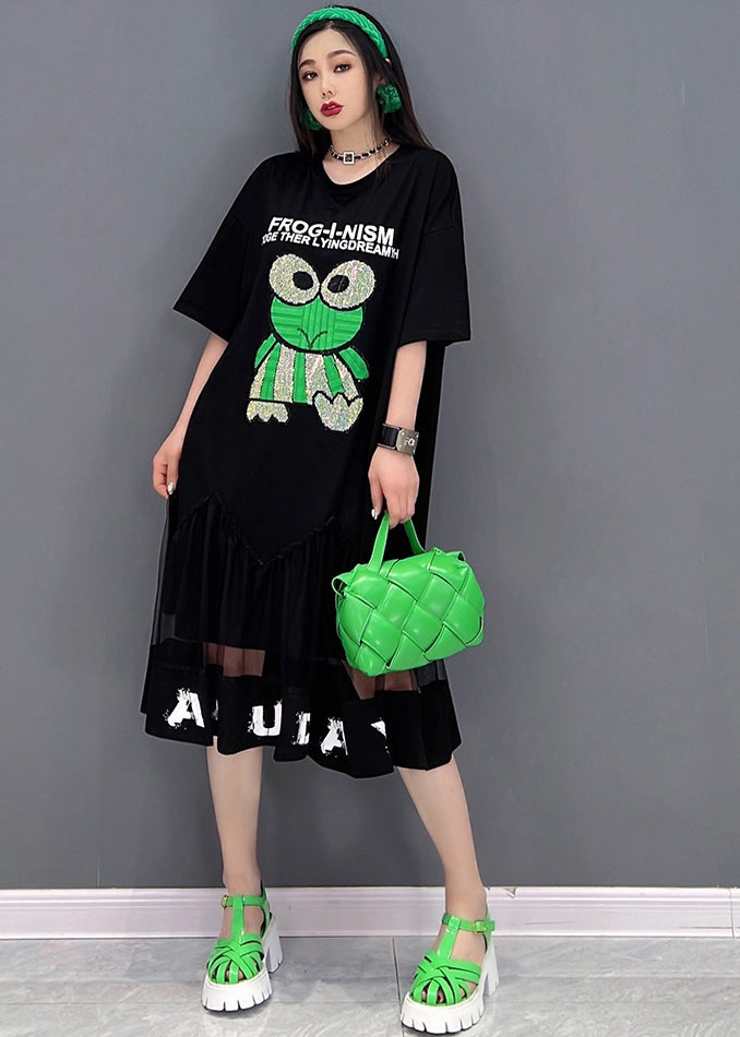 Black Patchwork Tulle Diamonds Cotton Sweatshirt Dress Short Sleeve
