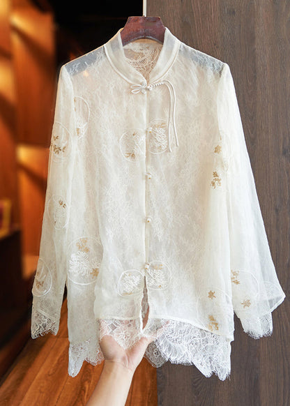 White Embroidered Lace Patchwork Silk Shirts Top Spring
