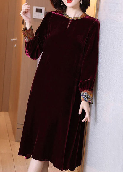 French Wine Red O-neck Pockets Silk Velour Dress Spring