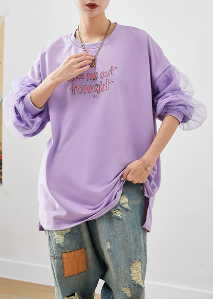 Art Purple Oversized Patchwork Cotton Pullover Fall