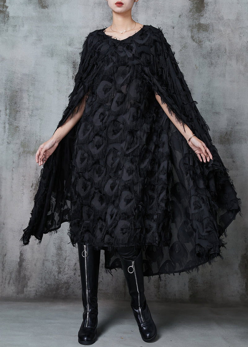 Black Fluffy Cotton Vacation Dresses Cloak Sleeves