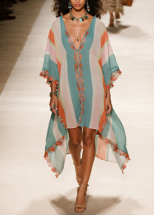 V Neck Asymmetrical Patchwork Cotton Dress Summer