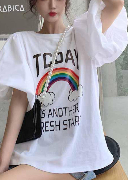 Rainbow Print Cotton T-shirts Puff Sleeve Summer