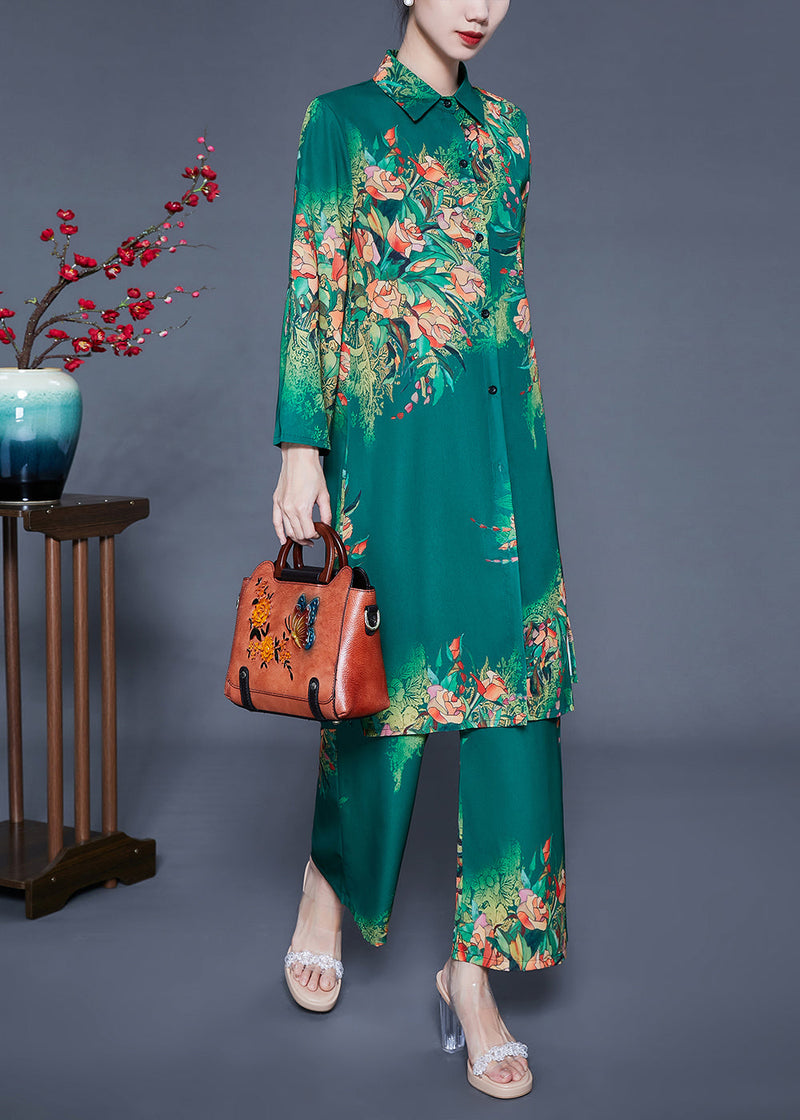 Stylish Green Peter Pan Collar Print Side Open Silk Two Piece Set Clothing Spring