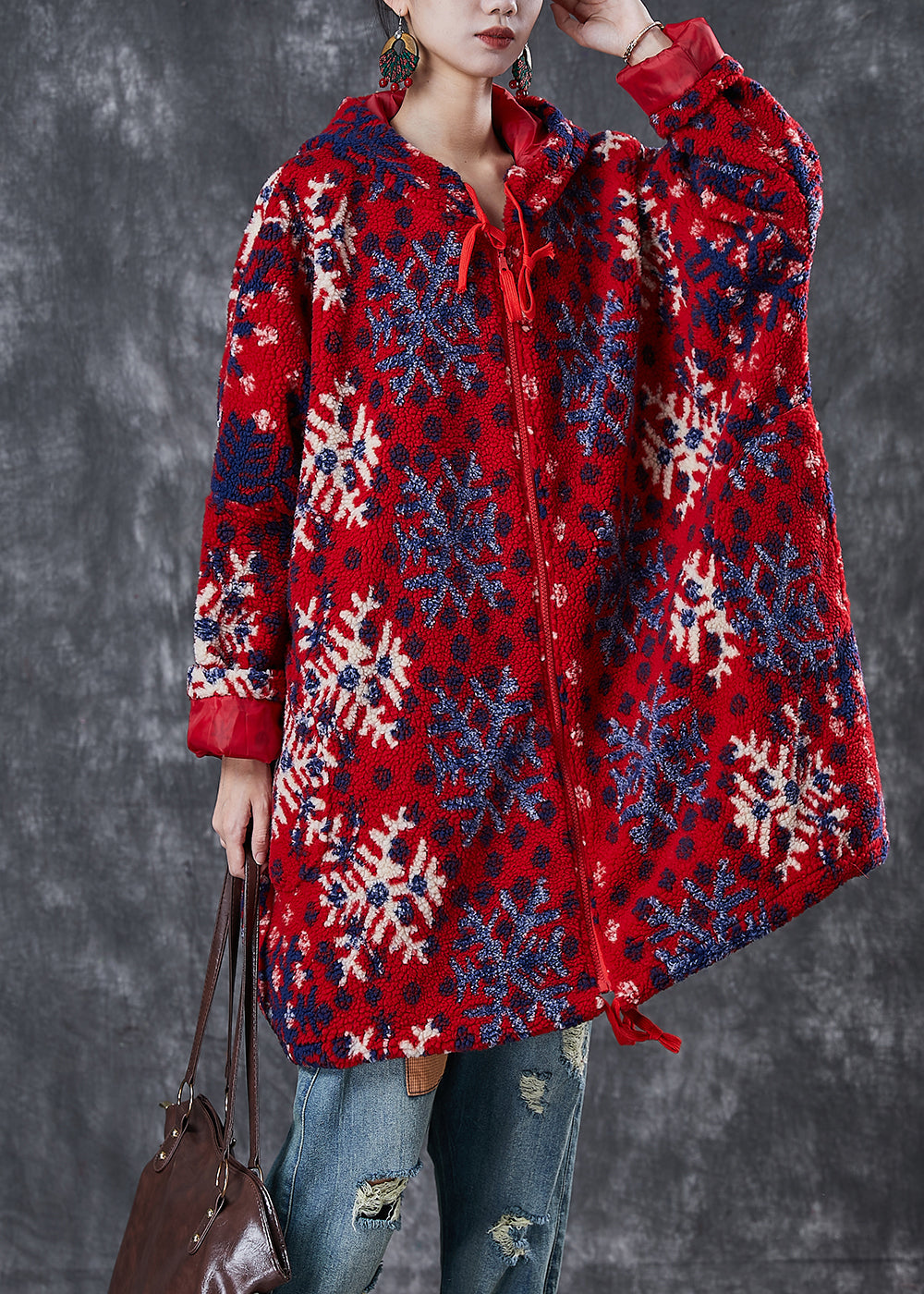 Red Oversized Print Faux Fur Teddy Coats Winter