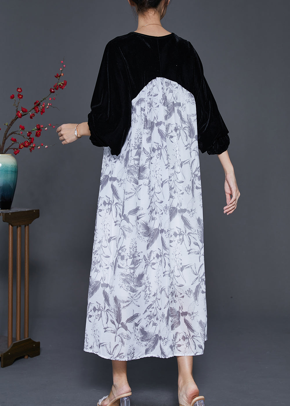 White Oversized Patchwork Silk Velour Chiffon Dress Spring