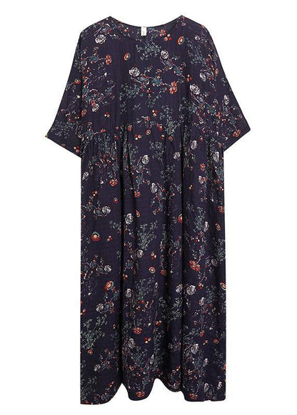 French Navy Print Pockets Loose Summer Half Sleeve Long Dress