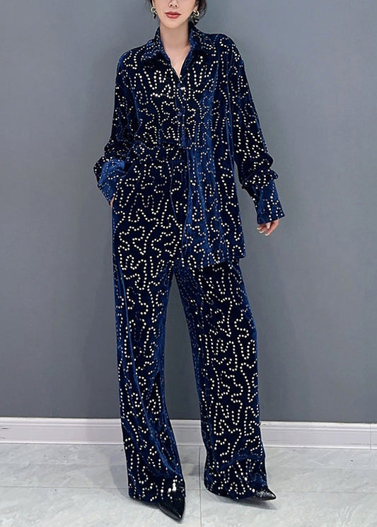 Italian Blue Sequins Tops and Pants Velour Two Piece Suit Set Fall