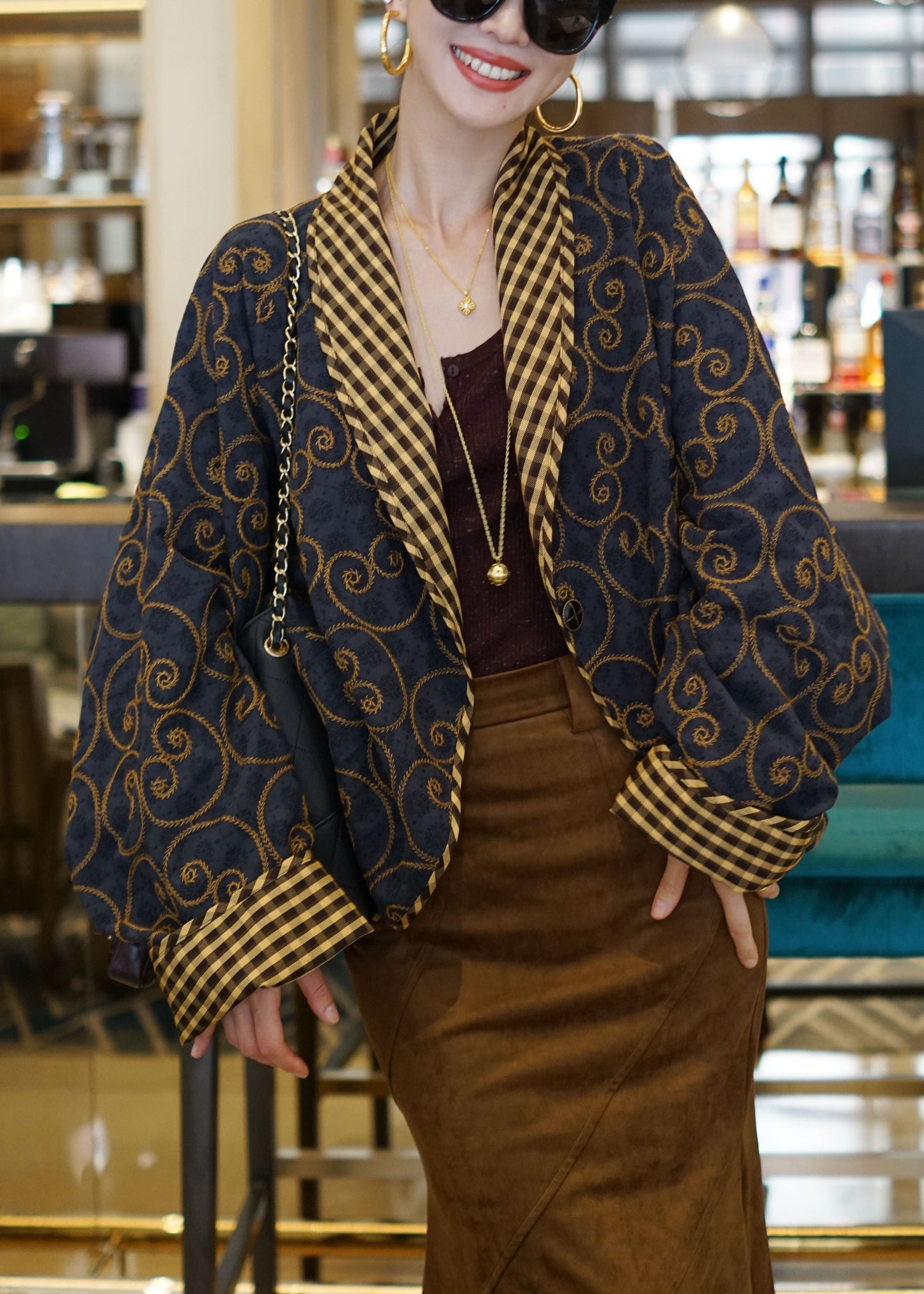 Loose Navy Embroidered Wear on Both Sides Cotton Cardigans Batwing Sleeve