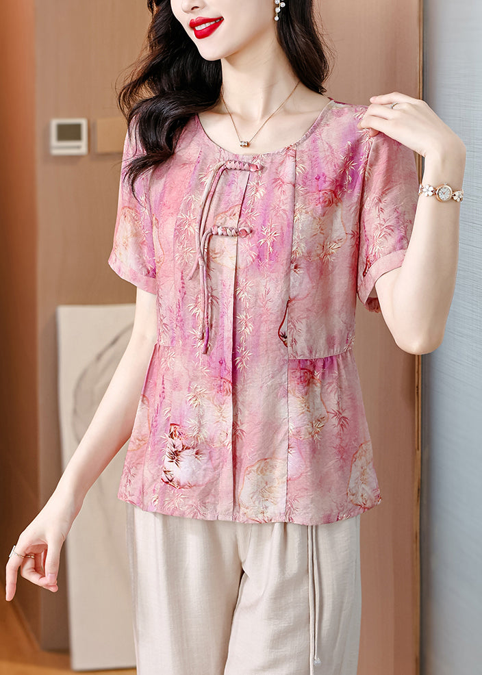 Pink O-neck Tasseled Print Linen Shirt Summer