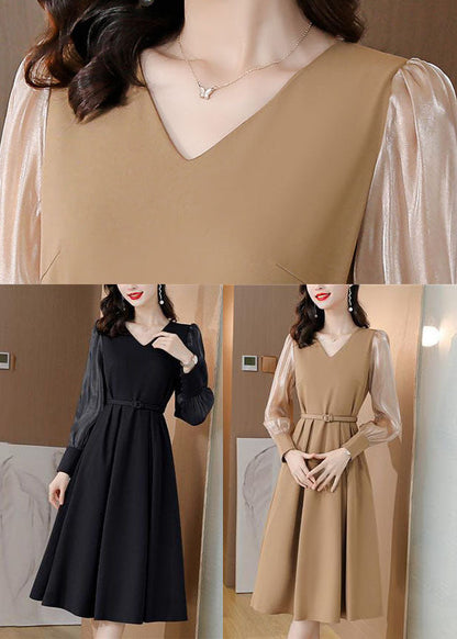 Khaki Patchwork Spandex a Line Dresses Cinched Spring