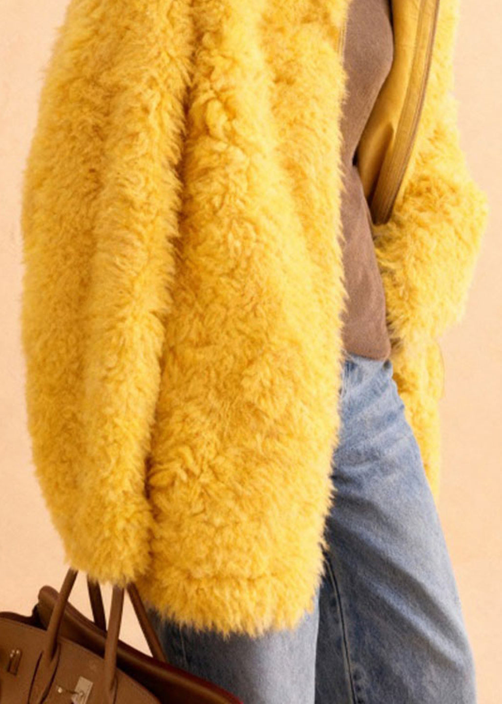 Simple Yellow Hooded Teddy Faux Fur Coats Winter