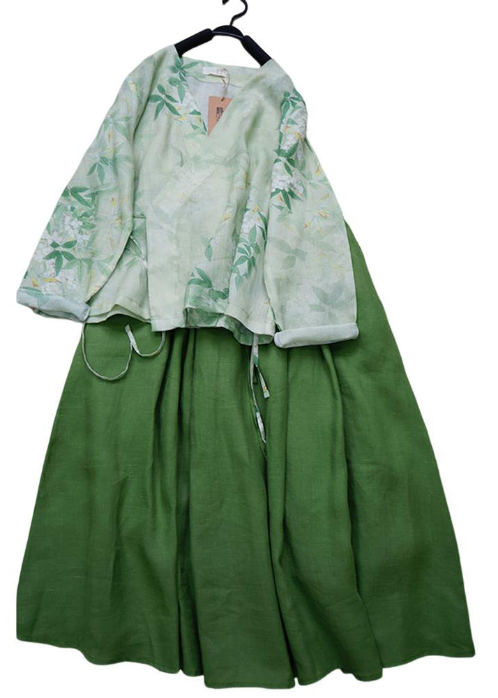 Green V Neck Print Lace Up Linen Two Pieces Set Summer