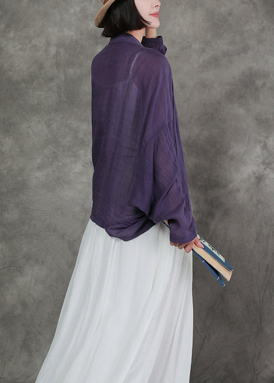 New Original Purple V Neck Linen Cardigan Bat Sleeves