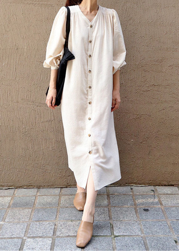 Apricot V Neck Wrinkled Patchwork Cotton Dresses Lantern Sleeve