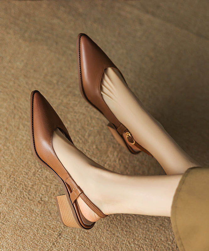 Chunky Sandals Brown Cowhide Leather Pointed Toe