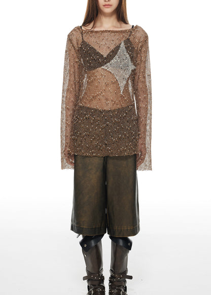 Brown Slash Neck Hollow Out Tulle T Shirt Long Sleeve