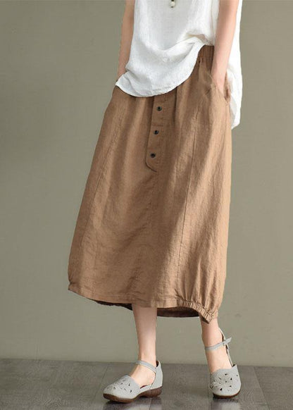 Khaki Linen Elastic Waist Button Skirt