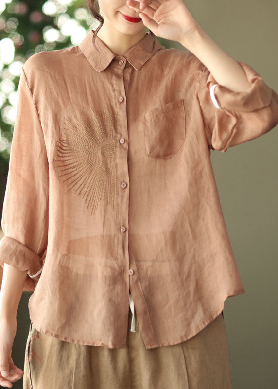 Classy Khaki Embroideried Ramie Top Long Sleeve