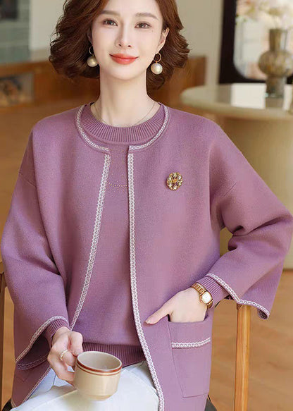 Natural Purple Patchwork Pockets Cotton Knit Cardigans and Sweater Two-piece Set Fall