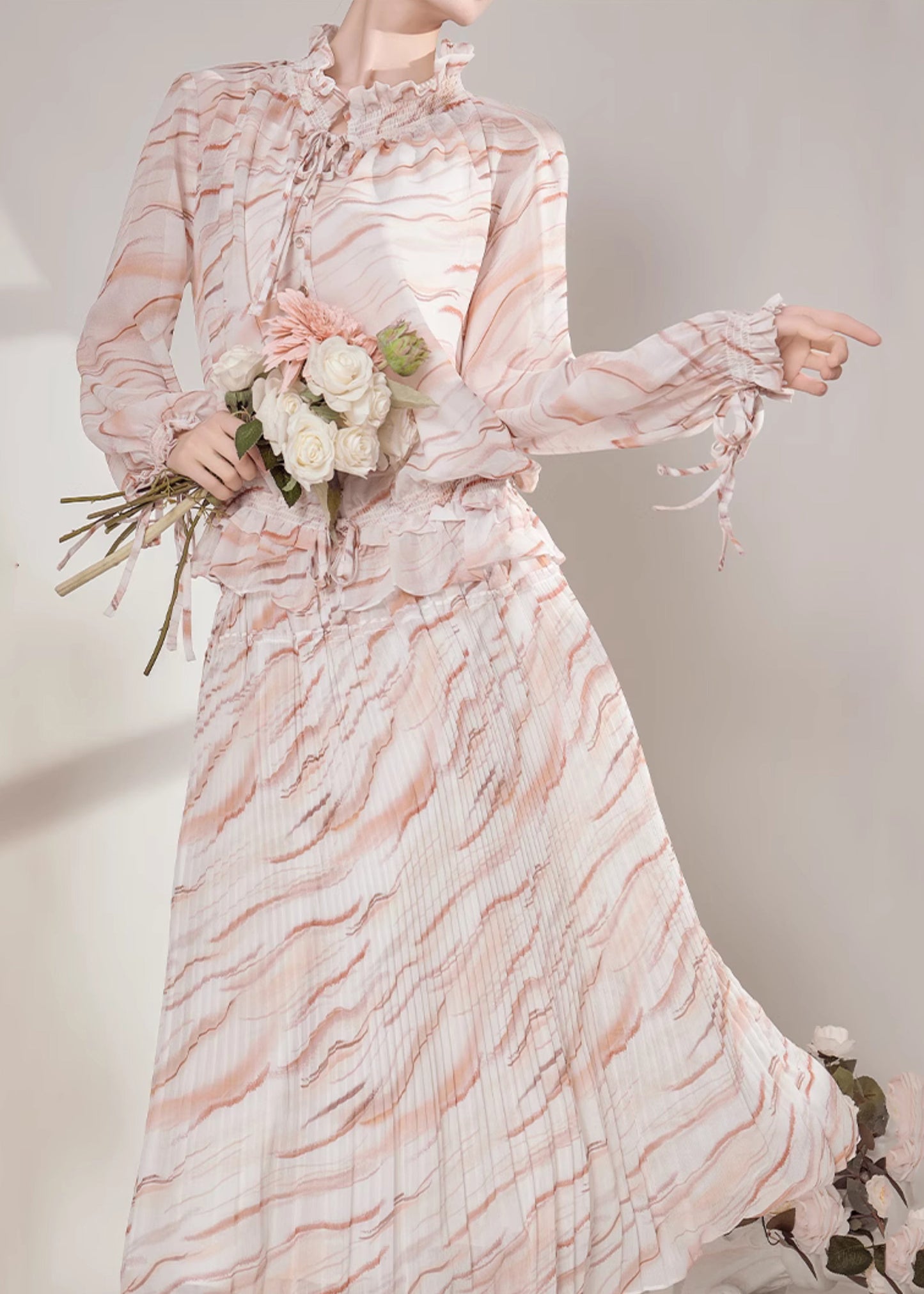 Ruffled Striped Chiffon Shirts and Maxi Skirts Two-piece Set Fall