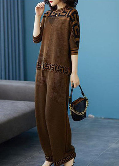 Chocolate Striped Silk Sweatshirt Two Pieces Set O-neck Original Design Fall