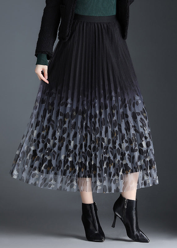 Black Tulle Print Pleated Fall Skirt