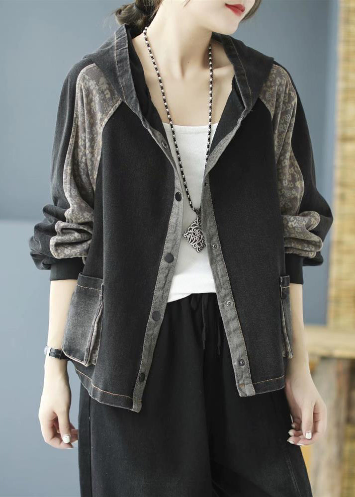 Black Print Button Hooded Denim Coat Long Sleeve Spring