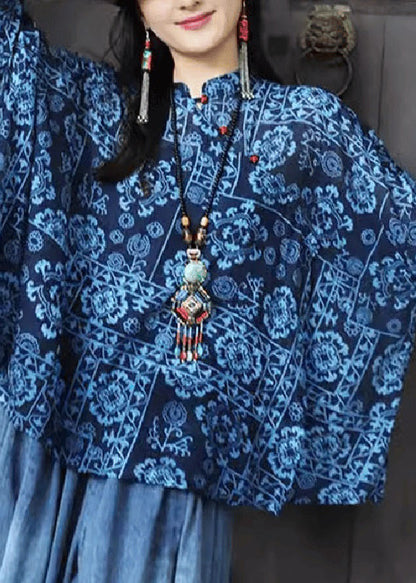 Original Design Blue Stand Collar Print Button Top Fall