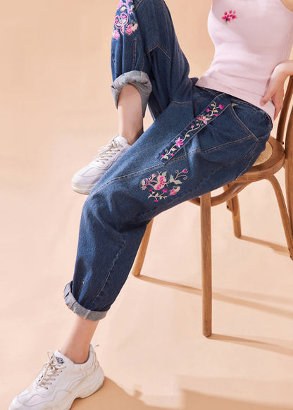 Denim Blue Embroideried Button Pockets Zippered Wide Leg Pants Summer